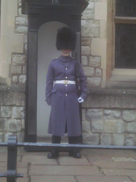 The Queen's Guard outside Waterloo Block at the Tower of London - guarding the crown jewels.